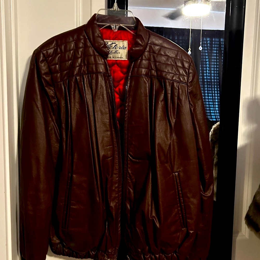 Vintage 80s Burgundy Leather Quilted Bomber Jacket by Victoria Leather Canada